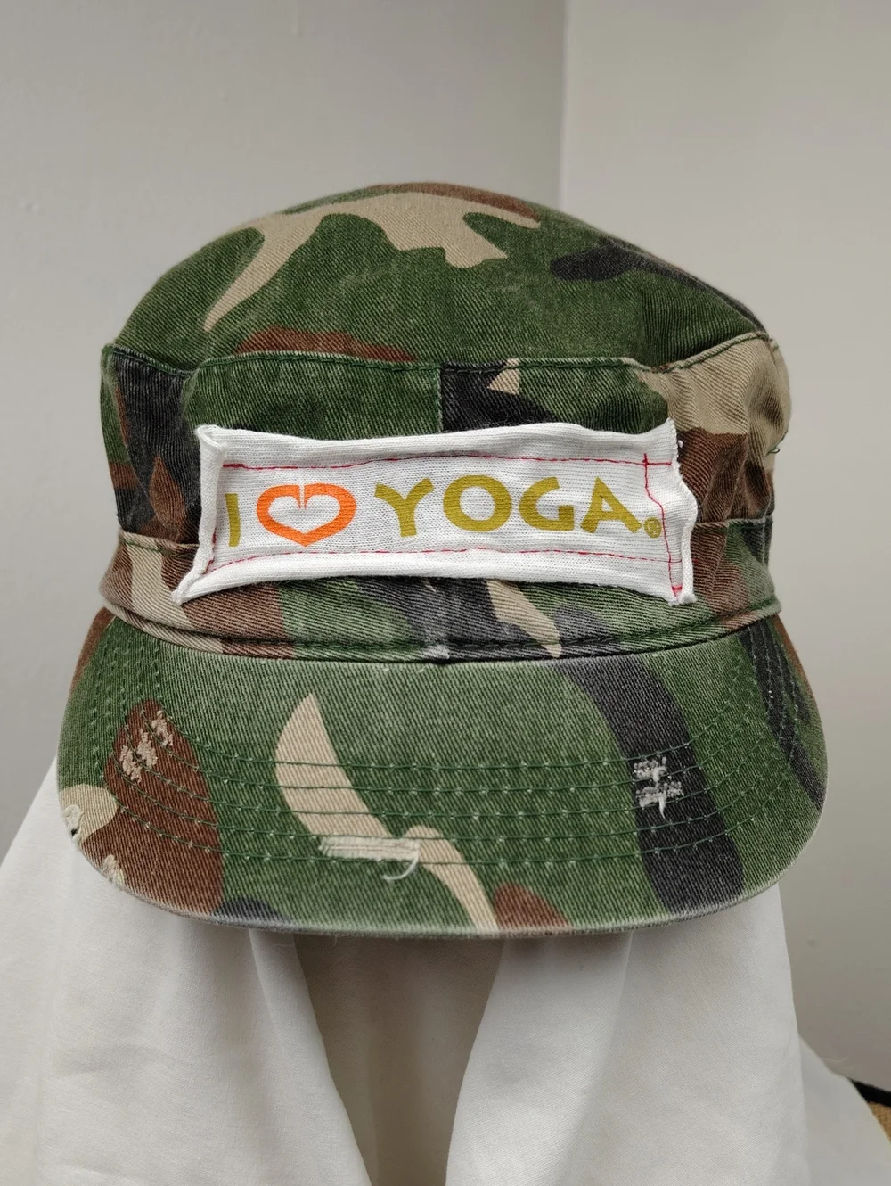 I Heart Yoga Camo Cap - Green Camouflage Unisex Military Cadet Cap Distressed